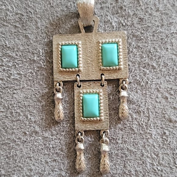 Silver Tone w/ Faux Turquoise Sarah Conventry 3 1/4" Long Pendant - Jewelry - Picture 1 of 4